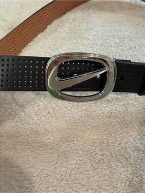 Nike Black Perforated Leather Belt with Silver Swoosh Buckle 41” long